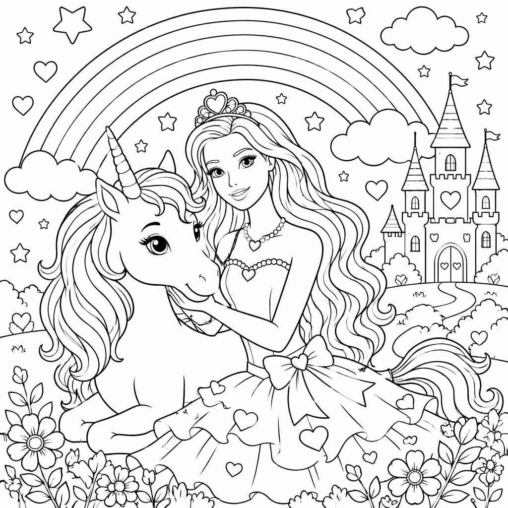 Schwarz-weiße Malvorlage mit süßem Cartoon-Einhorn vor einem einfachen Regenbogen als klare Line-Art.