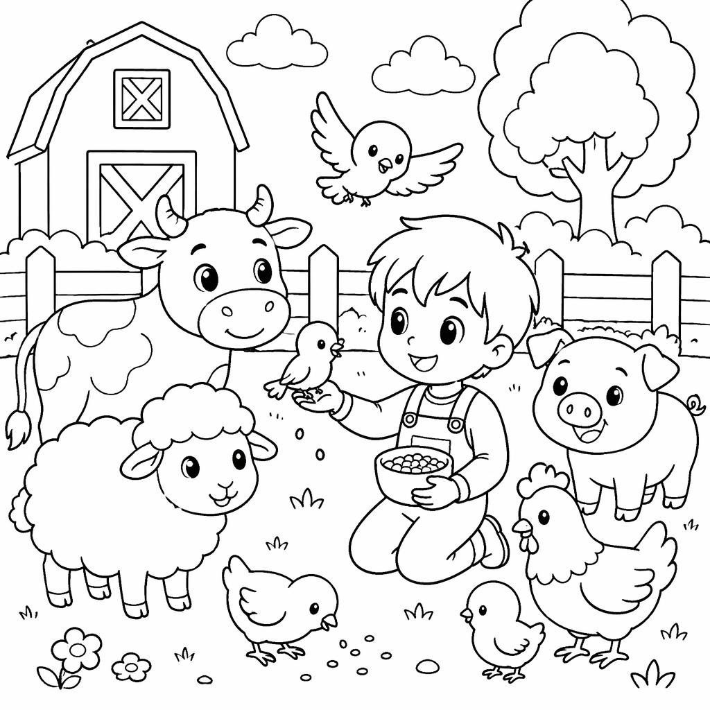 Black-and-white coloring page of a simple farm animals scene with birds in manga-inspired line art for kids.