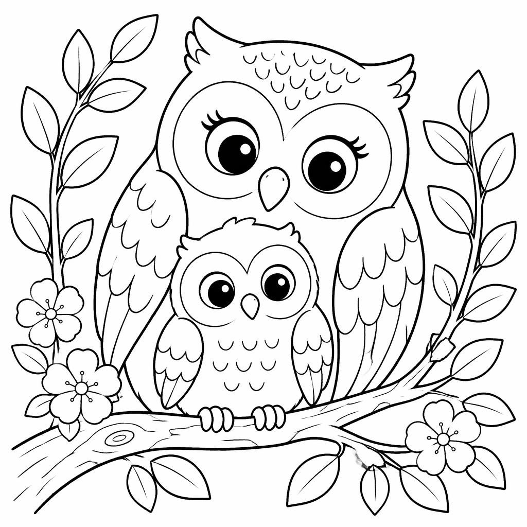 Black-and-white coloring page illustration of: mother and baby animals kids. Audience: adults (relaxation), very simple 