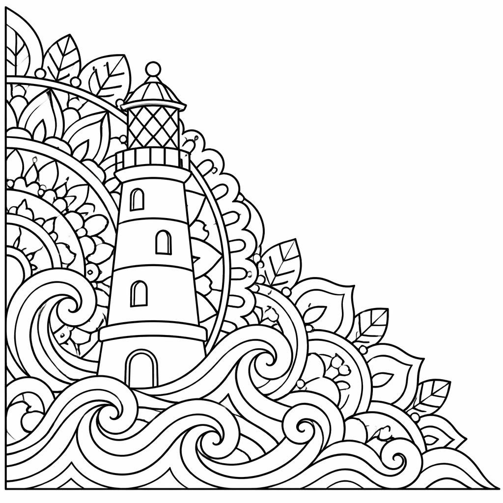 Página para colorear en blanco y negro con un faro y olas, líneas simples, fondo blanco y contornos cerrados.