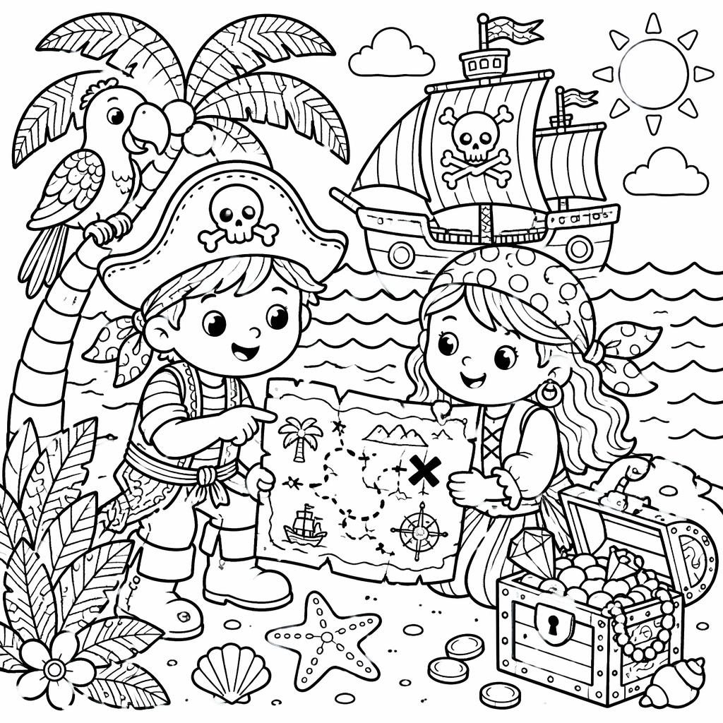 Schwarz-weiße Ausmalvorlage mit kindlichen Piraten, Schatzkarte und dekorativen Doodle-Linien im Zentangle-Stil.