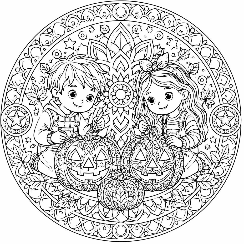 Ilustración para colorear en blanco y negro de niños con una calabaza de Halloween, estilo zentangle y líneas limpias.