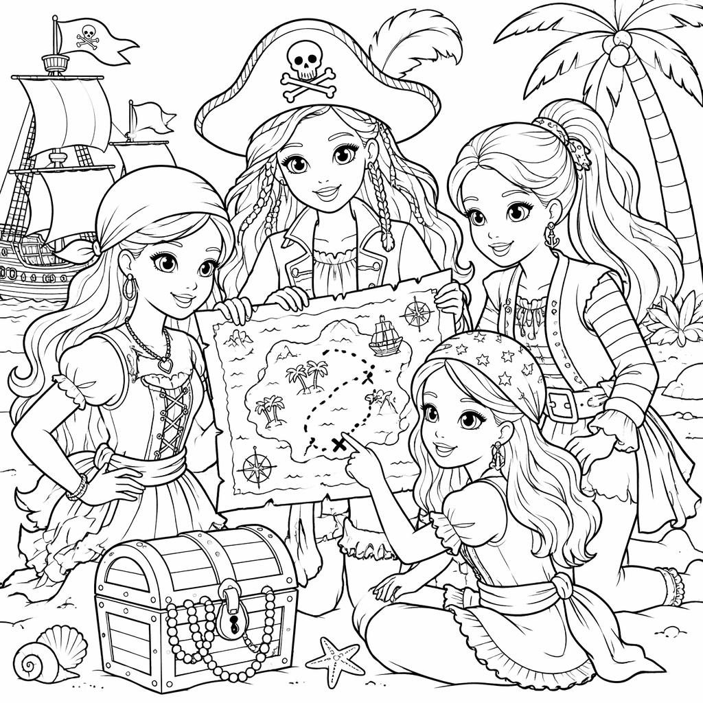 Illustration à colorier en noir et blanc de pirates enfants avec une carte au trésor, style manga, contours nets.