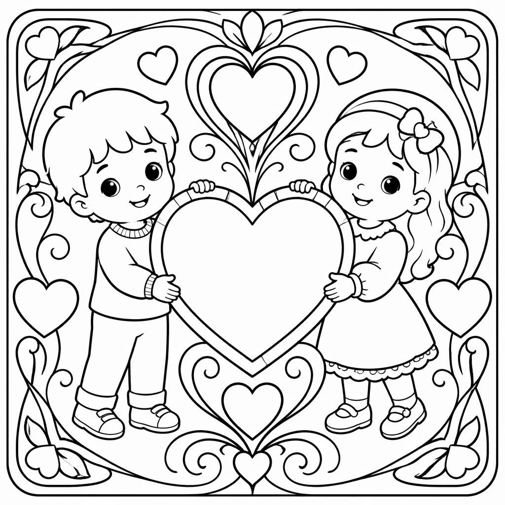 Schwarz-weiße Ausmalbild-Vorlage mit großen Herzen für Kinder, in dicken Linien und verspieltem Jugendstil.