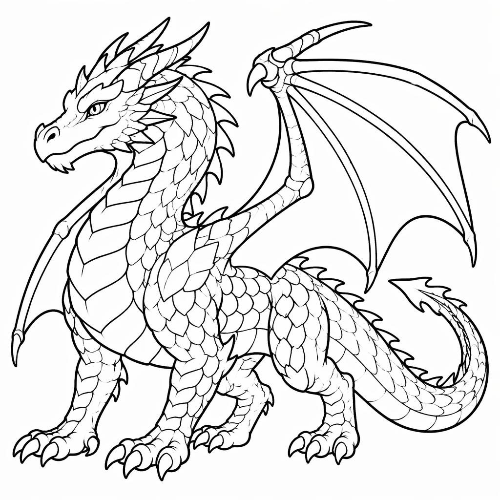 Illustration noir et blanc à colorier d’un dragon fantastique adulte en contours épais, style propre pour enfants
