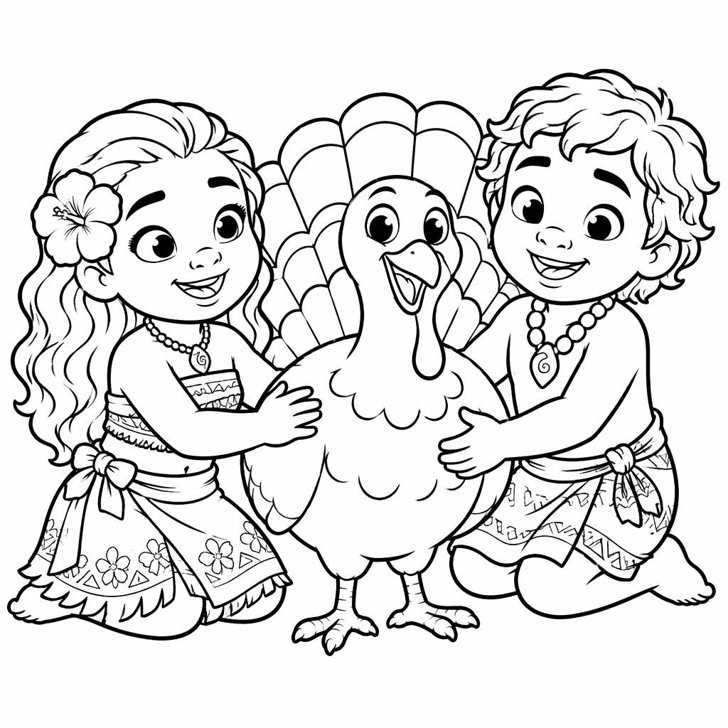Black-and-white coloring page of kid-friendly Thanksgiving turkeys with chunky outlines and clean printable line art.