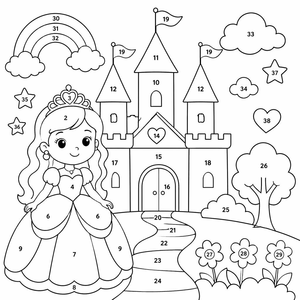 Ilustración para colorear en blanco y negro de un castillo de princesa de cuento, simple y limpio para niños.