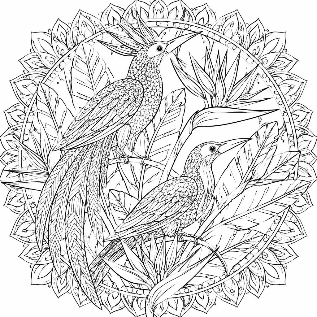 Ilustración para colorear en blanco y negro de aves del paraíso con detalles tipo mandala y contornos limpios.