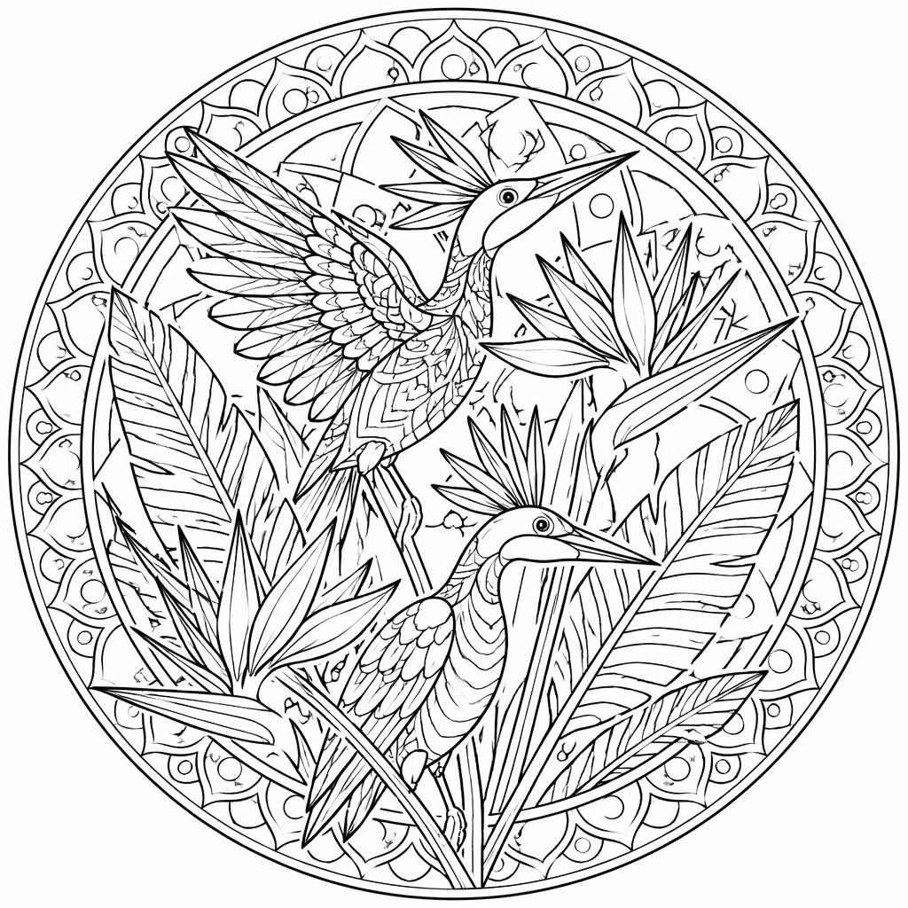 Black-and-white coloring page with detailed birds of paradise flowers in a geometric mandala line-art style.