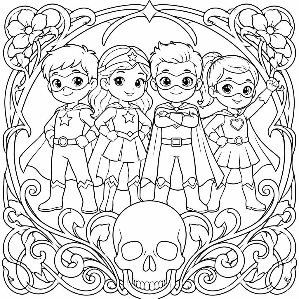 Schwarz-weiße Malvorlage mit Superhelden-Cartoonkindern in klaren Konturen im Art-Nouveau-Stil.