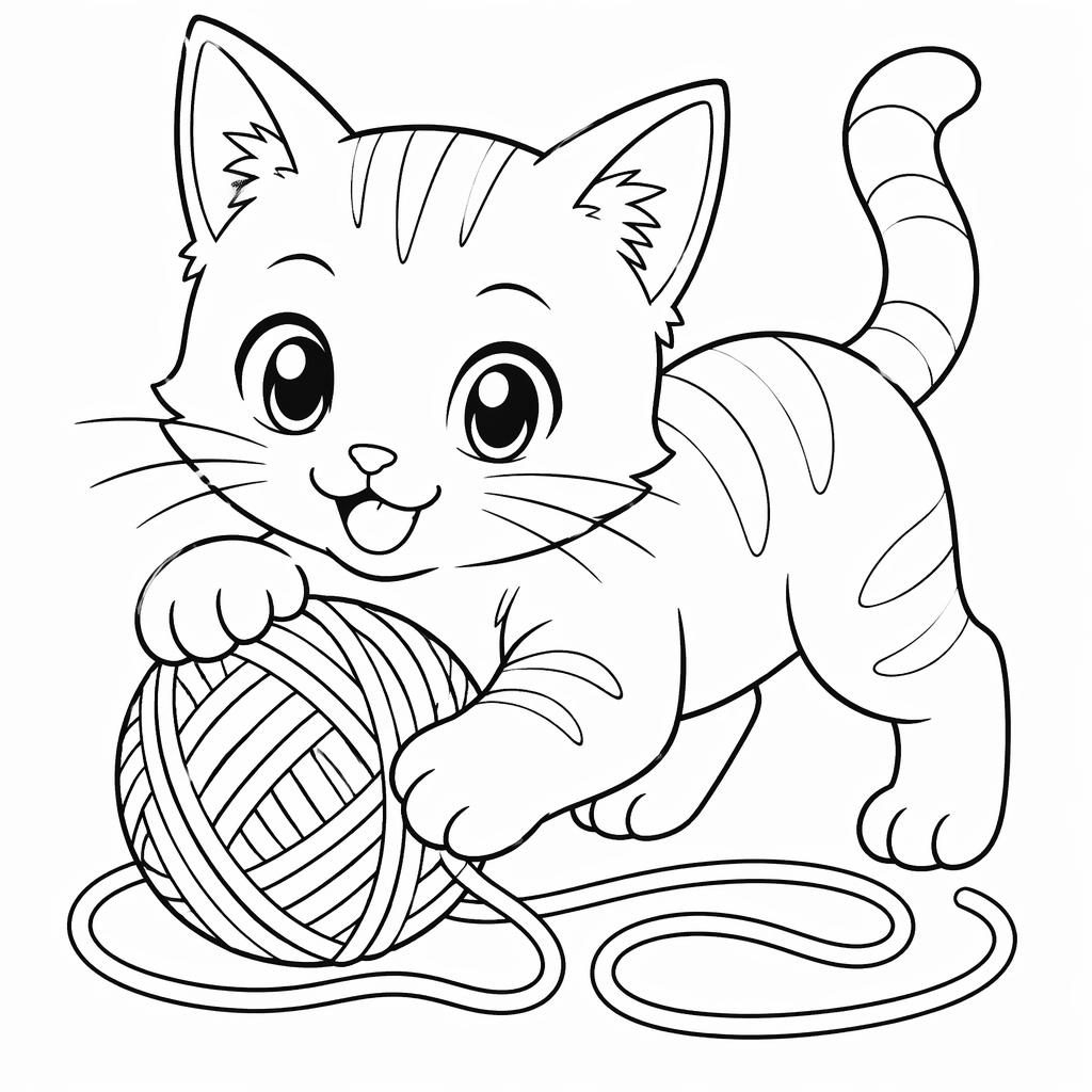 Ilustración en blanco y negro de un gatito jugando con un ovillo, estilo manga, para colorear infantil.