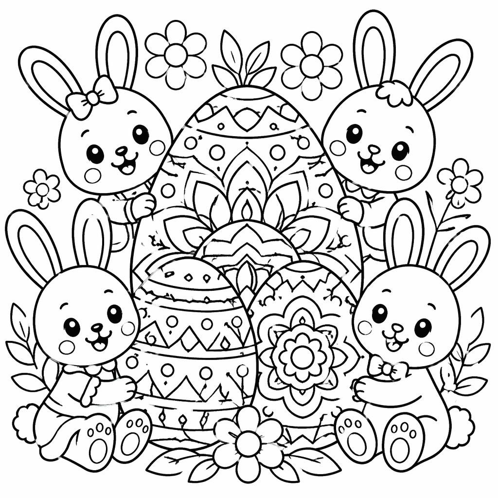 Ilustración para colorear en blanco y negro con conejitos niños, huevos de Pascua y formas geométricas simples.