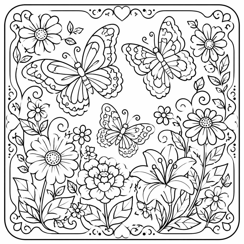 Black-and-white coloring page with detailed butterflies and flowers in simple doodle line art for kids.