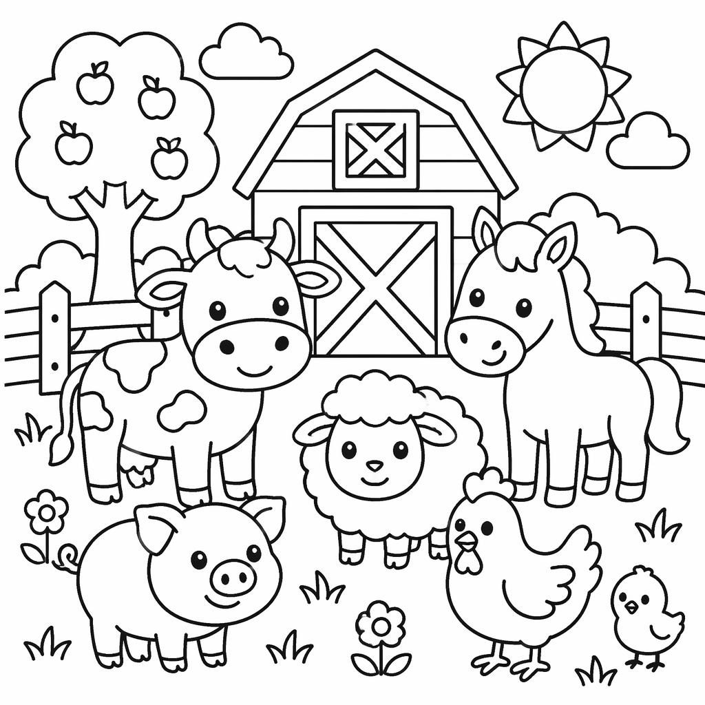 Schwarz-weiße Ausmalseite mit einfachen Bauernhoftieren für Kinder, dicke Konturen, klare geschlossene Formen.