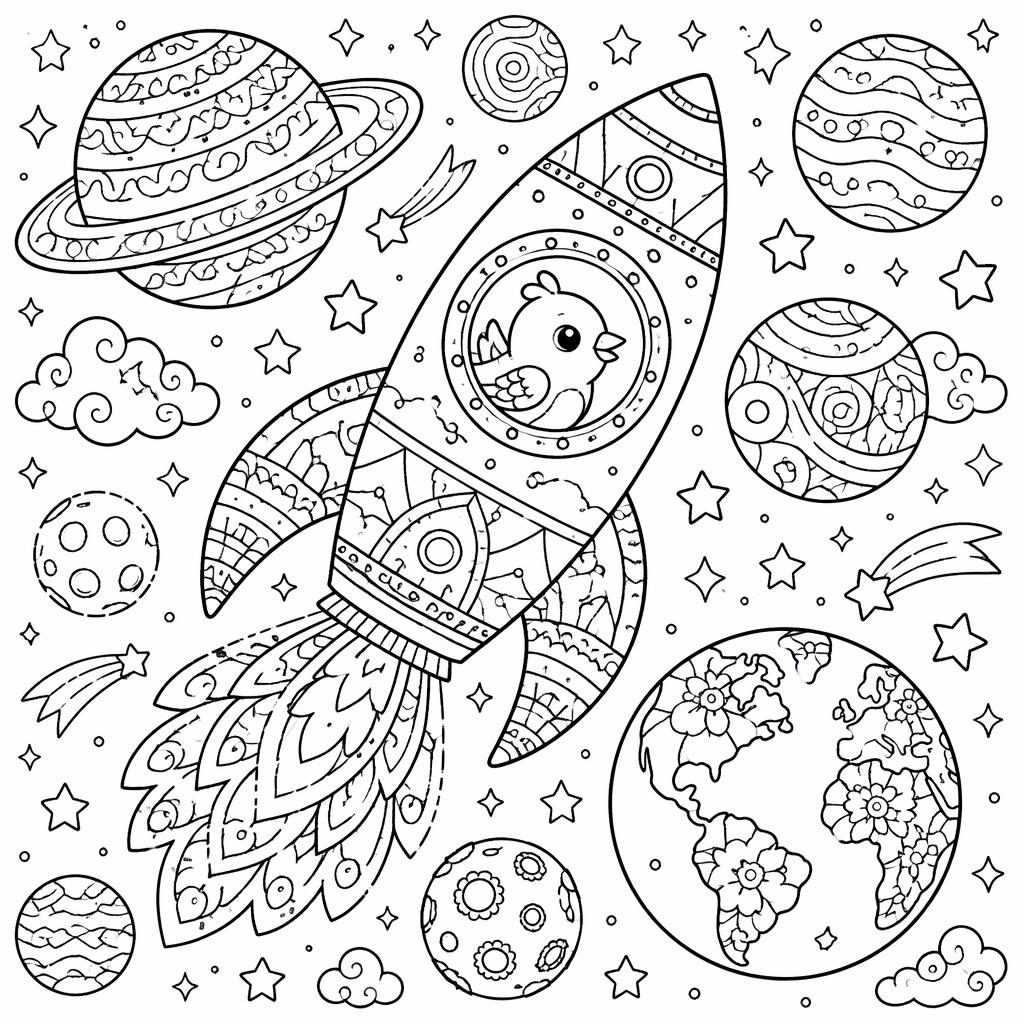 Black-and-white coloring page with a cute cartoon space rocket and planets in intricate line art for kids.