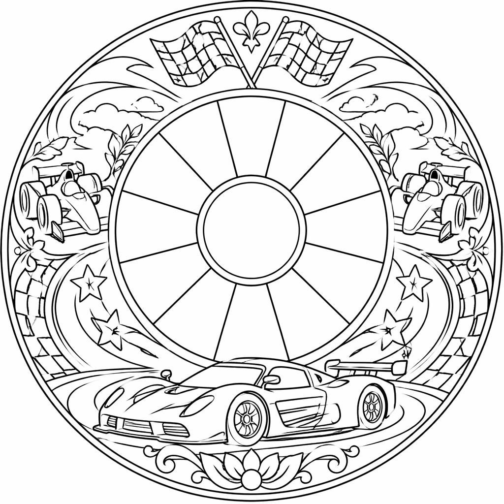 Black-and-white coloring page illustration of: racing cars kids. Audience: adults (relaxation), detailed detail, art nou