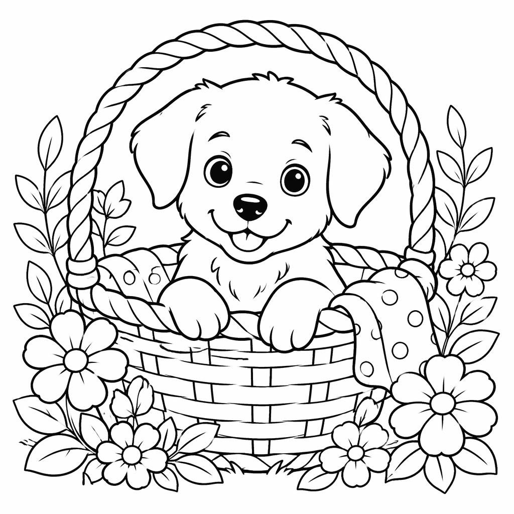 Illustration à colorier en noir et blanc d’un chiot dans un panier entouré d’enfants, style botanique, contours nets.