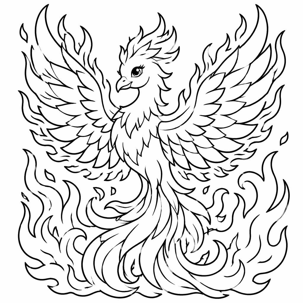 Schwarz-weiße Ausmalseite mit niedlichem erwachsenem Phönix in Flammen, klare dicke Konturen auf weißem Hintergrund.
