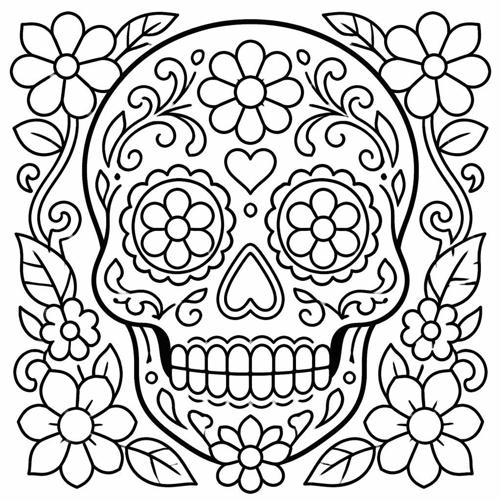 Ilustración para colorear en blanco y negro de una calavera mexicana infantil, con líneas gruesas y estilo art nouveau.