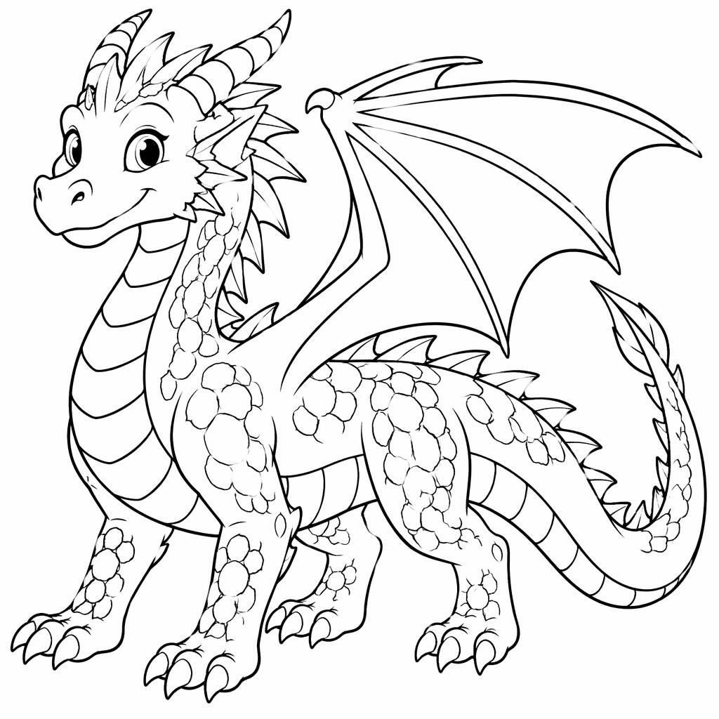 Schwarz-weiße Ausmalseite mit einem niedlichen erwachsenen Fantasy-Drachen im Cartoon-Stil als klare Line-Art.
