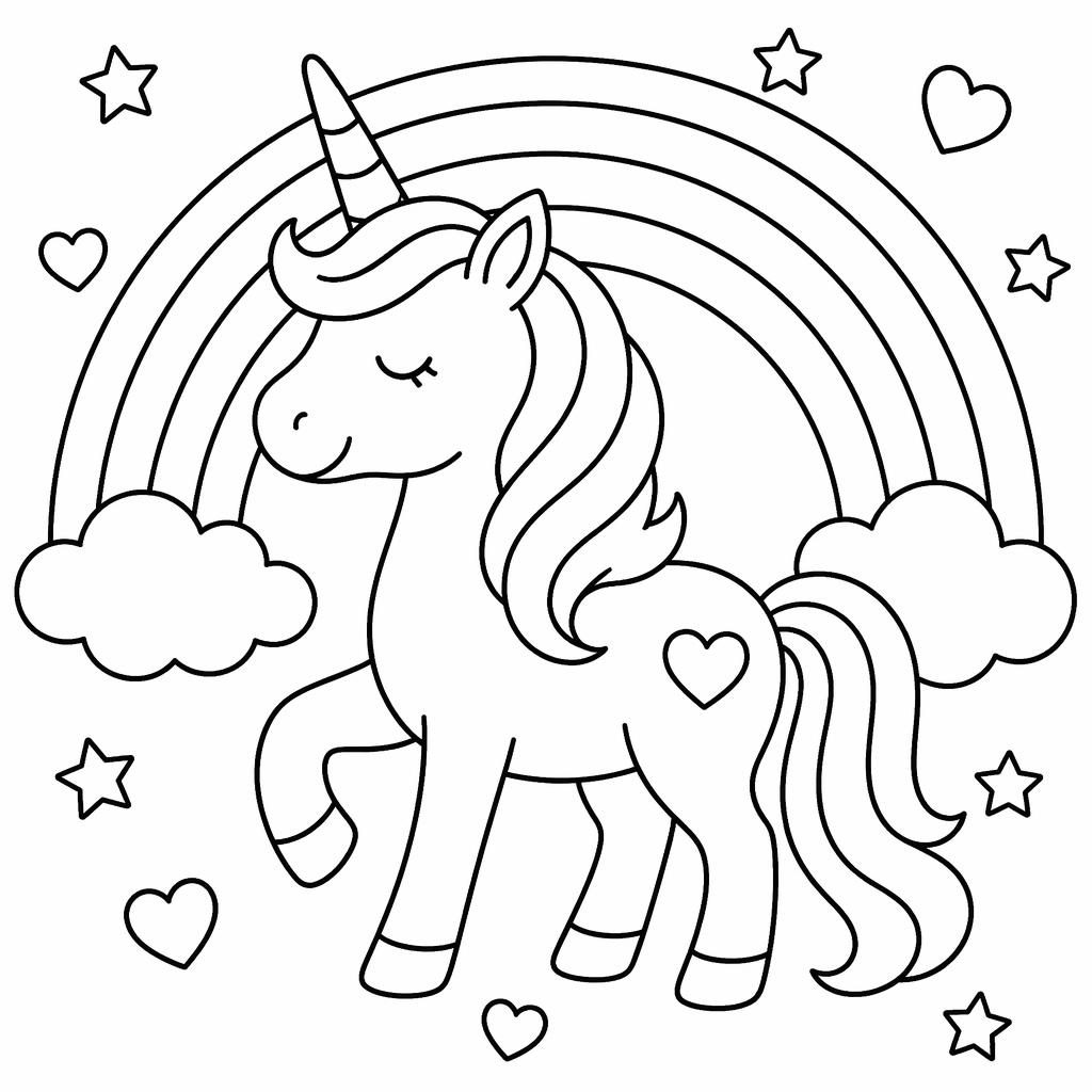 Schwarz-weiße Ausmalseite mit einfachem Einhorn, Regenbogen und klaren Konturen auf weißem Hintergrund.