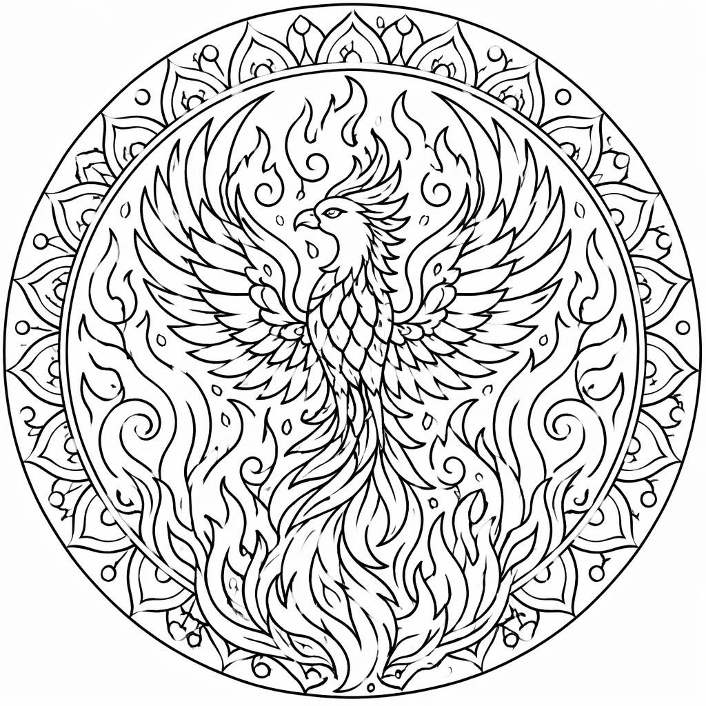 Schlichte schwarz-weiße Ausmalseite mit erwachsenem Phönix in Flammen, klaren Konturen und Doodle-Stil.