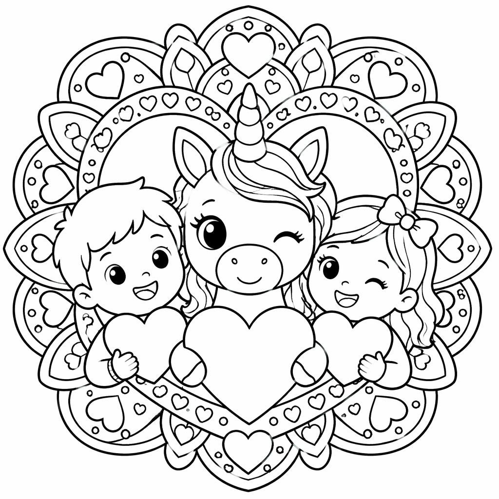 Página para colorear en blanco y negro con corazones de San Valentín para niños, estilo dibujo tierno y contornos simples.