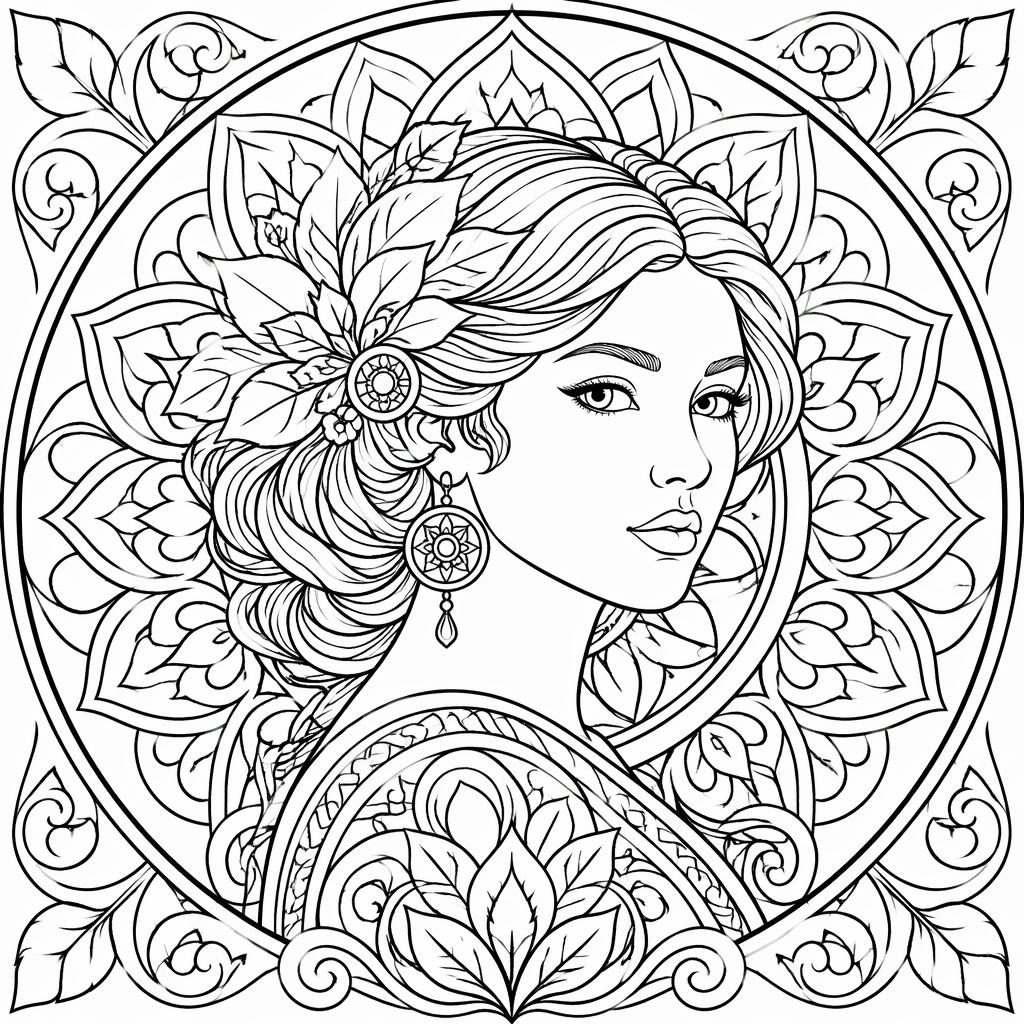 Retrato de mujer art nouveau en blanco y negro con detalles geométricos tipo mandala y líneas limpias para colorear.