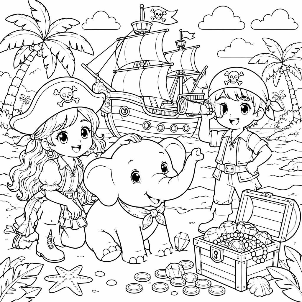 Ilustración en blanco y negro de un barco pirata con niños y tesoro, estilo manga, lista para colorear.