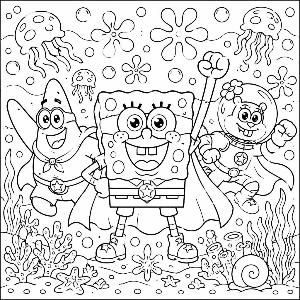 Illustration noir et blanc à colorier montrant des enfants super-héros style manga, avec contours nets et détails