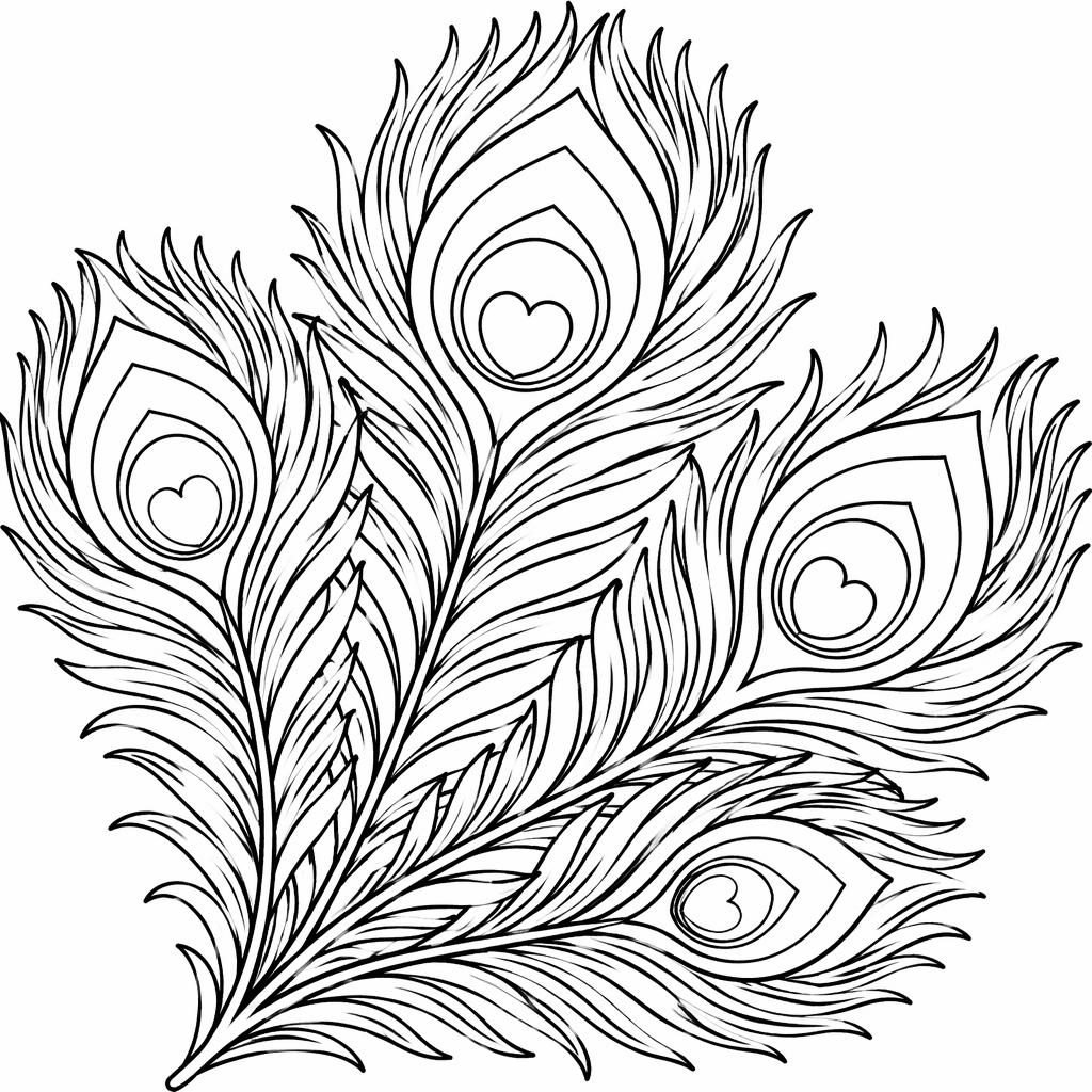 Ilustración para colorear en blanco y negro de plumas de pavo real, estilo caricatura tierna, con contornos limpios.