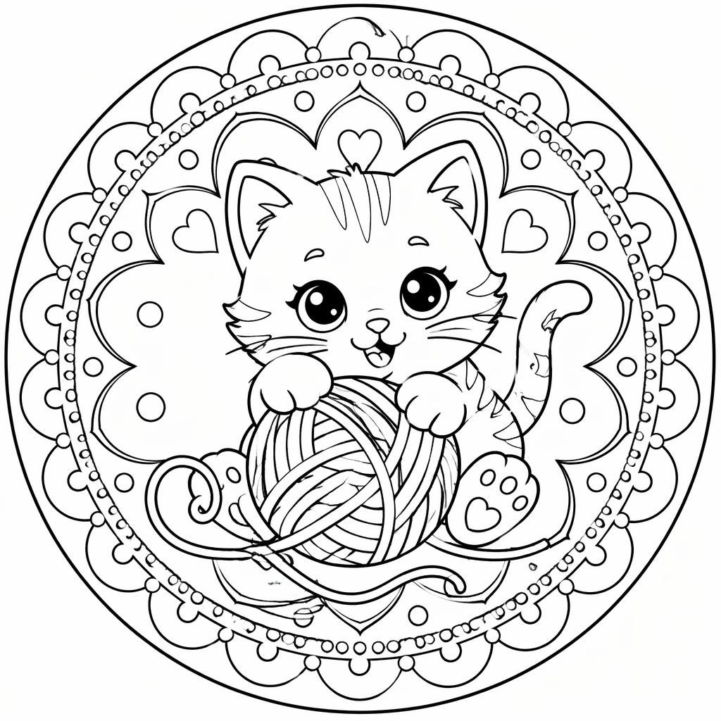 Ilustración en blanco y negro de un gatito con ovillo, estilo manga, detalle moderado, para colorear.