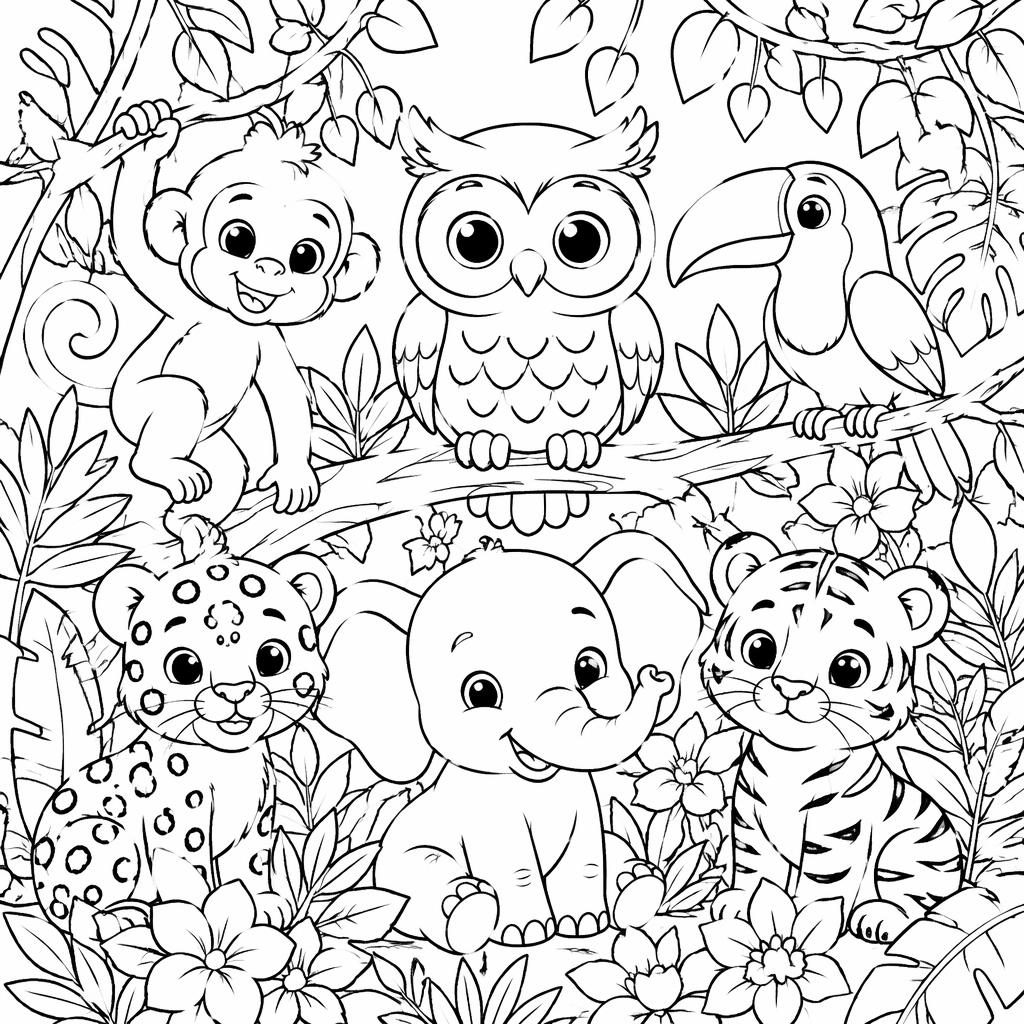 Illustration noir et blanc d'une chouette entourée d'animaux de la jungle et feuillages, en contours nets à colorier.