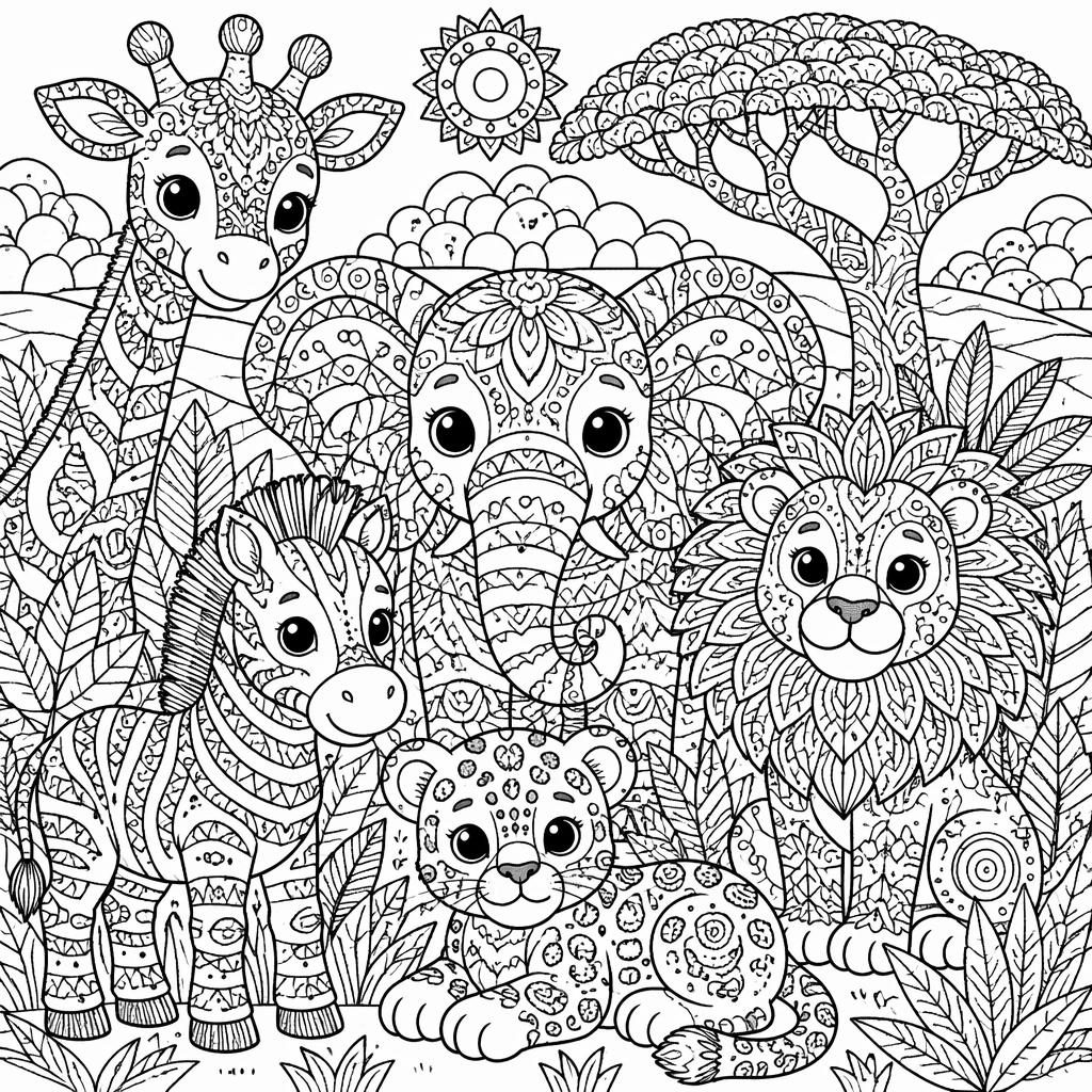 Černobílá omalovánka se safari zvířaty v zentangle stylu, roztomilé cartoon linie a jemné mandalové detaily.