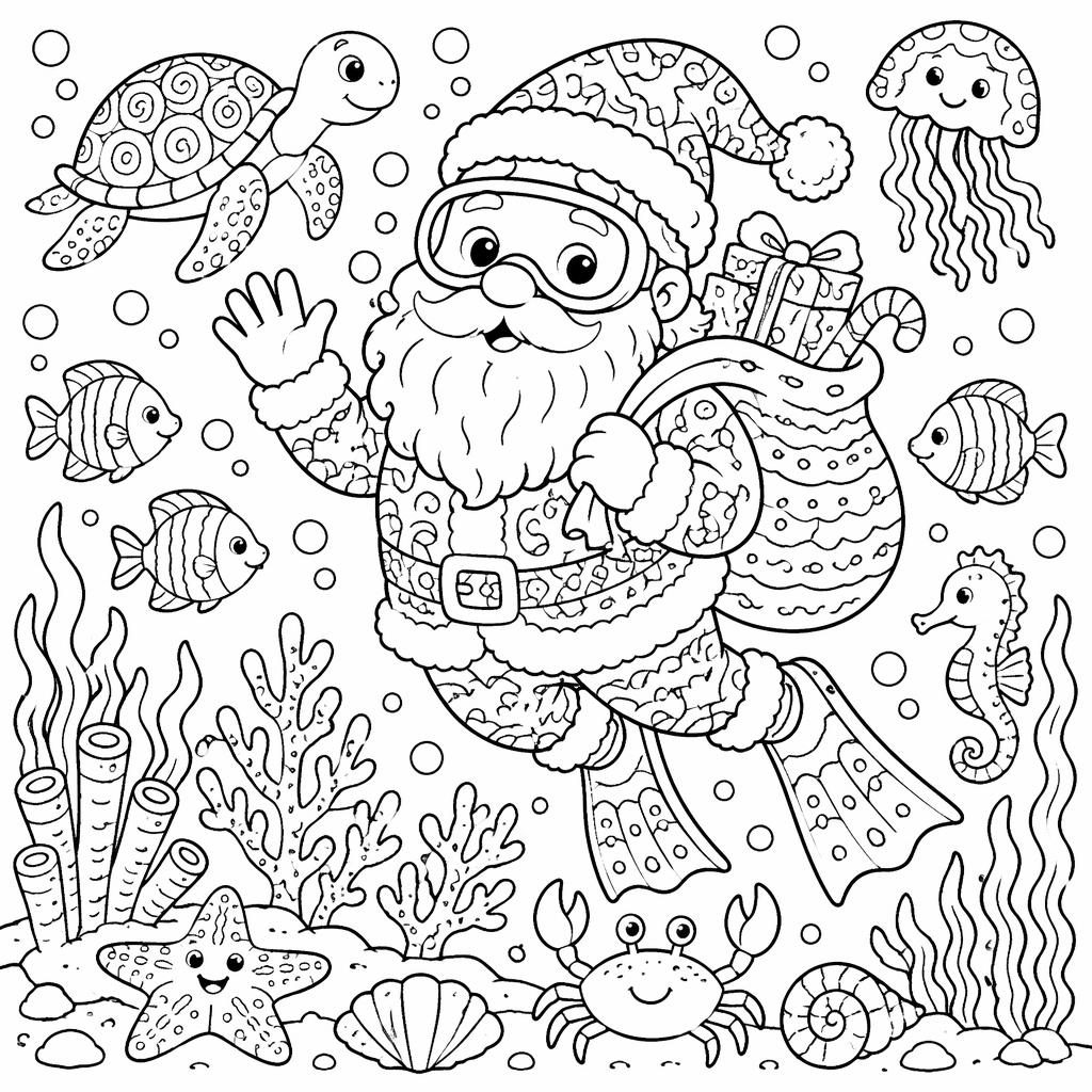 Black-and-white kids coloring page of an underwater ocean scene with fish, coral, bubbles, and doodle-style details.