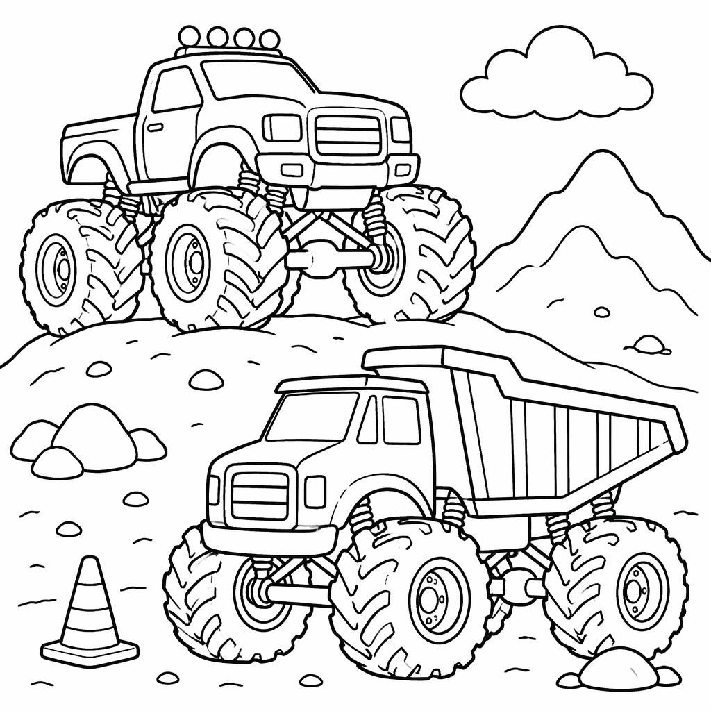 Schwarz-weiße Ausmalseite mit einfachen Baustellenfahrzeugen im realistischen Line-Art-Stil auf weißem Hintergrund.