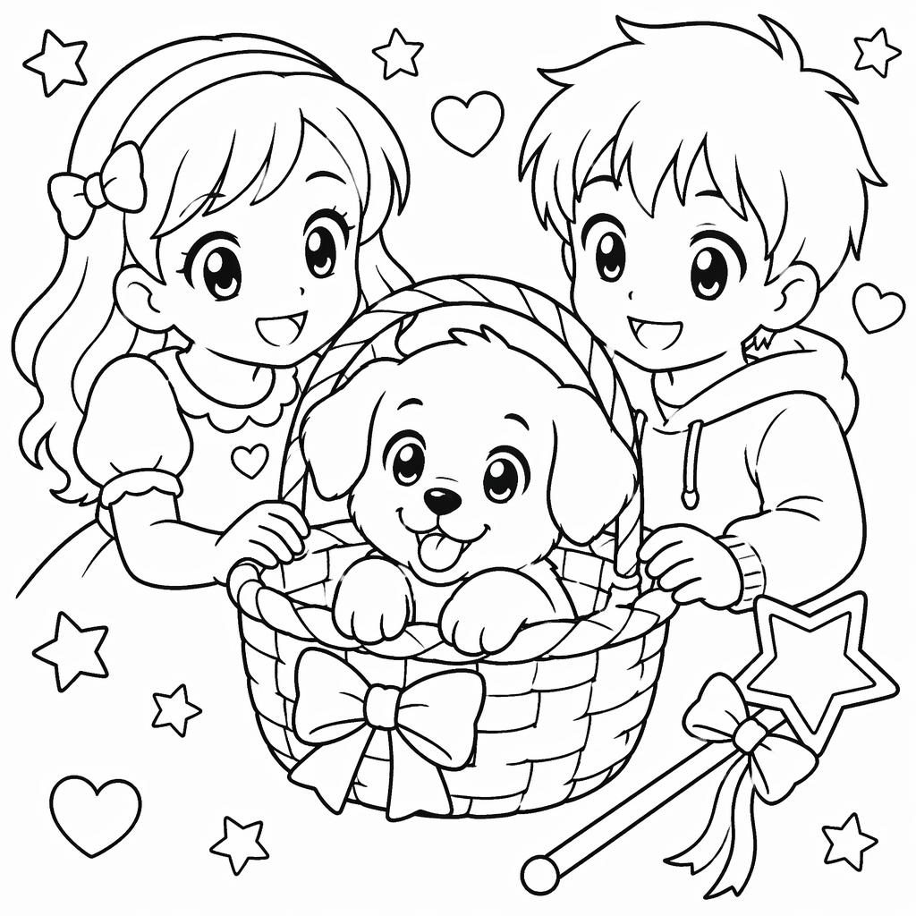Schwarz-weiße Ausmalseite mit süßem Welpen im Korb, kinderfreundlich, einfache Manga-Linien, ohne Schattierung.