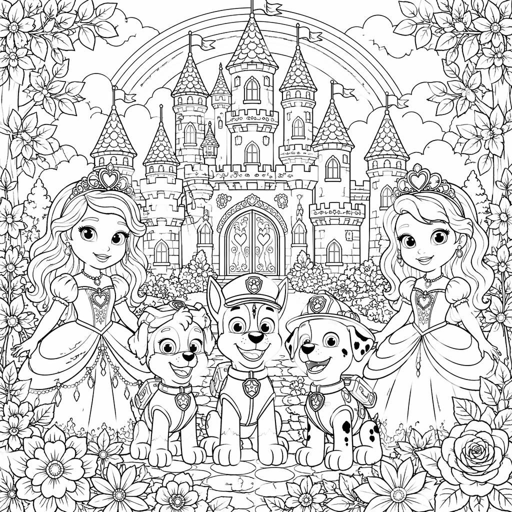 Ilustración para colorear en blanco y negro de un castillo de princesa de cuento con detalles botánicos y nivel mandala.