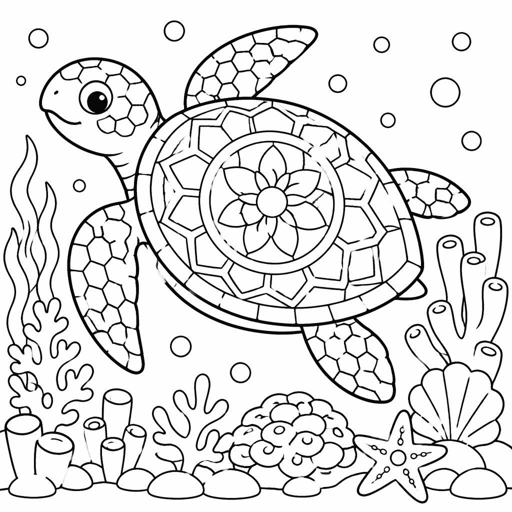Black-and-white line art coloring page of an adult sea turtle on a reef in a simple mandala style.
