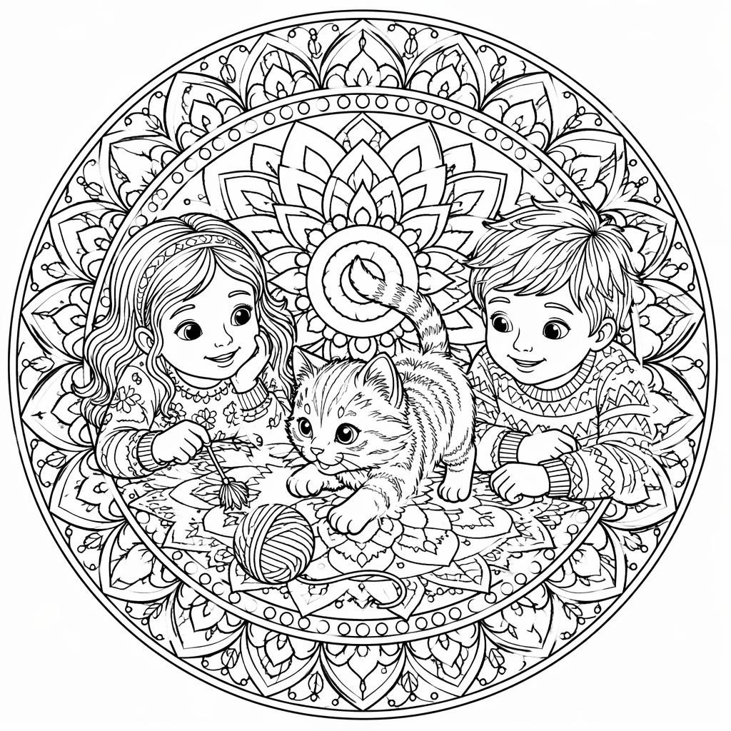 Ilustración para colorear en blanco y negro de un gato con niños jugando, con detalles tipo mandala y líneas limpias