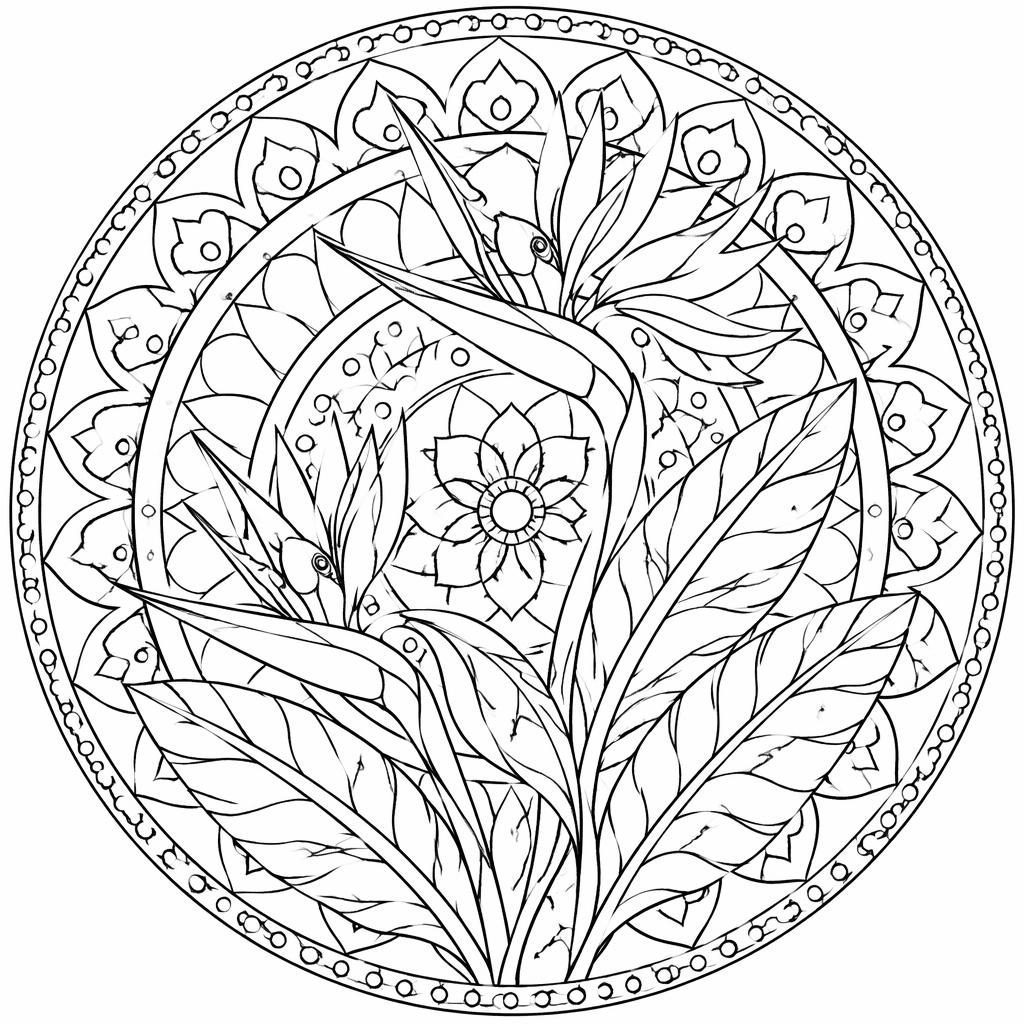 Ilustración en blanco y negro de aves del paraíso con estilo mandala geométrico y contornos limpios.