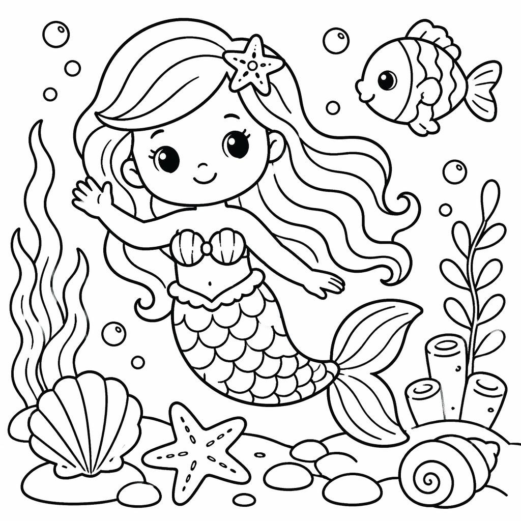Schwarz-weiße Ausmalbild-Illustration einer Meerjungfrau unter Wasser für kleine Kinder mit dicken Linien.