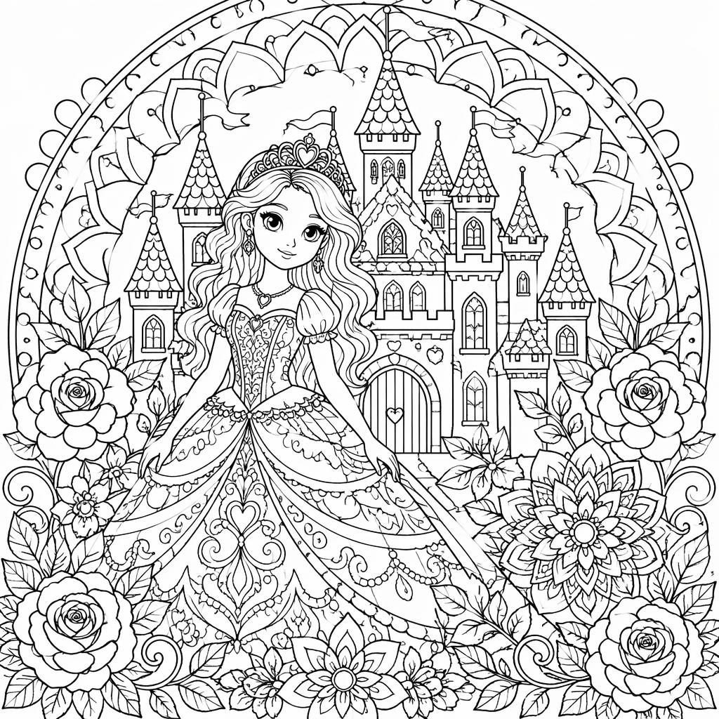 Ilustración para colorear en blanco y negro de un castillo de princesa con flores, estilo mandala detallado.