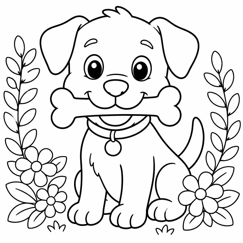 Black-and-white coloring page line art of a cute dog holding a bone with simple botanical details on a white background.