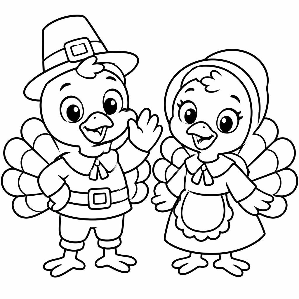 Ilustración para colorear en blanco y negro de un pavo tierno con niños, estilo caricatura simple y contornos limpios.