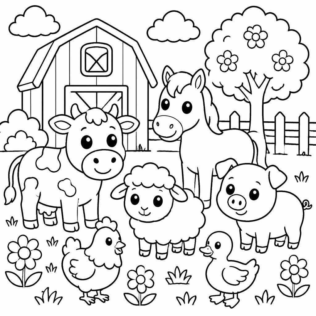 Schwarz-weiße Ausmalseite mit einfachen Bauernhof-Tieren im Manga-Stil, dicke Konturen, kinderfreundlich.