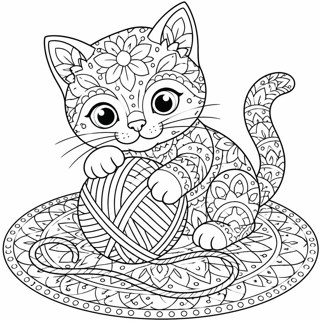 Ilustración para colorear en blanco y negro de un gatito con ovillos, estilo mandala geométrico y líneas limpias.