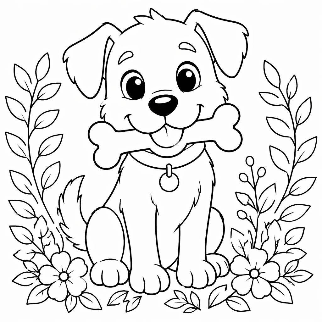 Illustration noir et blanc d’un chien mignon avec un os, en contours simples, style botanique, page à colorier