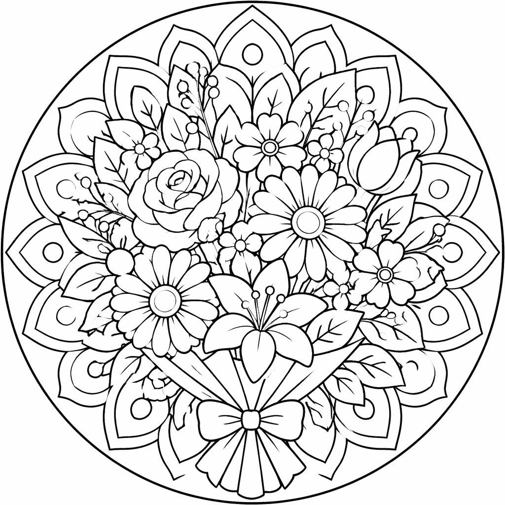 Illustration en noir et blanc d’un bouquet de fleurs style manga, en contours simples, à colorier pour enfants.