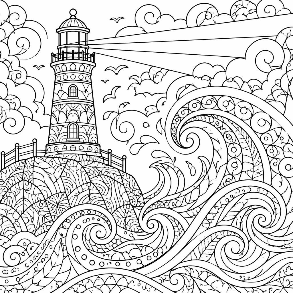 Schwarz-weiße Ausmalseite mit Leuchtturm und Wellen im Zentangle-Doodle-Stil, klare Konturen auf weißem Hintergrund.